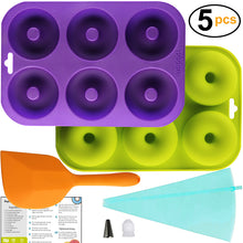 Load image into Gallery viewer, Professional 2-Pack Donut Pan Set | Makes 12 Full Size Donuts, BPA Free, Super Non-Stick | Pack Comes With 1 Spatula and 1 Pastry bag (Purple/Green)