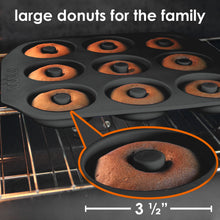 Load image into Gallery viewer, Large Donut Pan Super Non-Stick Silicone, Makes 9 Full Size Donuts, BPA Free, FDA &amp; German LFGB Approved | Oven and Dishwasher Safe Doughnut Mold with Bonus Recipe Card &amp; Gift Bag (Dark Gray)