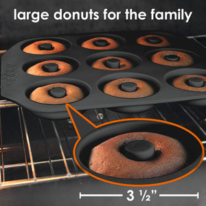 Large Donut Pan Super Non-Stick Silicone, Makes 9 Full Size Donuts, BPA Free, FDA & German LFGB Approved | Oven and Dishwasher Safe Doughnut Mold with Bonus Recipe Card & Gift Bag (Dark Gray)